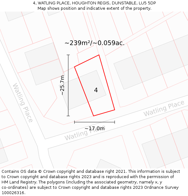 4, WATLING PLACE, HOUGHTON REGIS, DUNSTABLE, LU5 5DP: Plot and title map