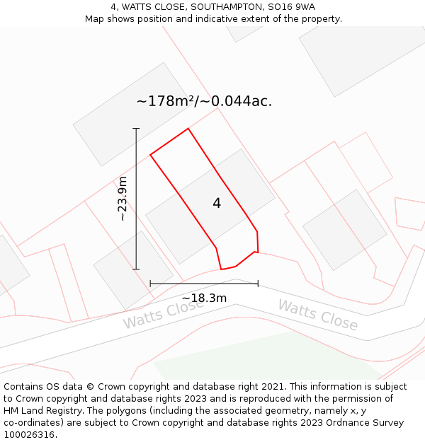 4, WATTS CLOSE, SOUTHAMPTON, SO16 9WA: Plot and title map