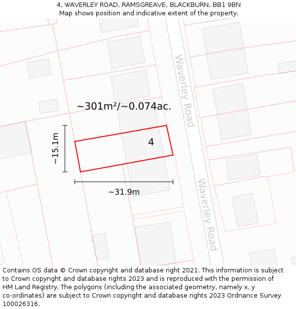 4, WAVERLEY ROAD, RAMSGREAVE, BLACKBURN, BB1 9BN: Plot and title map