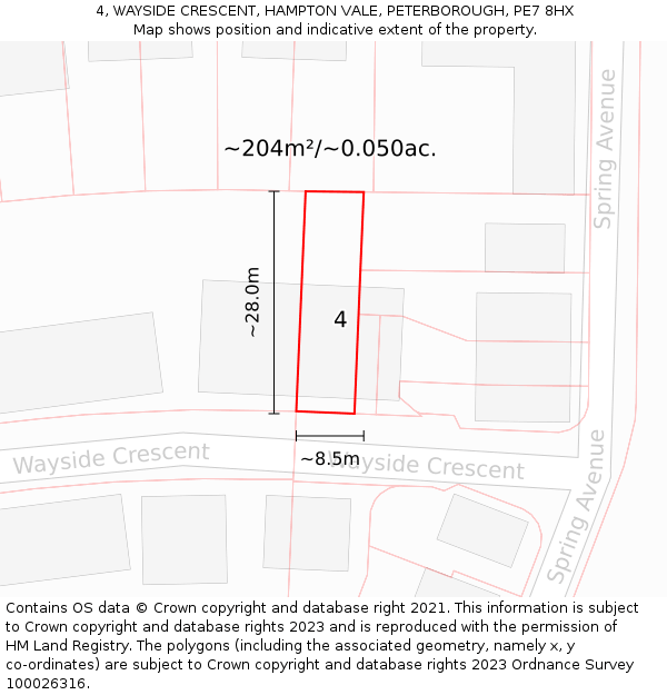 4, WAYSIDE CRESCENT, HAMPTON VALE, PETERBOROUGH, PE7 8HX: Plot and title map