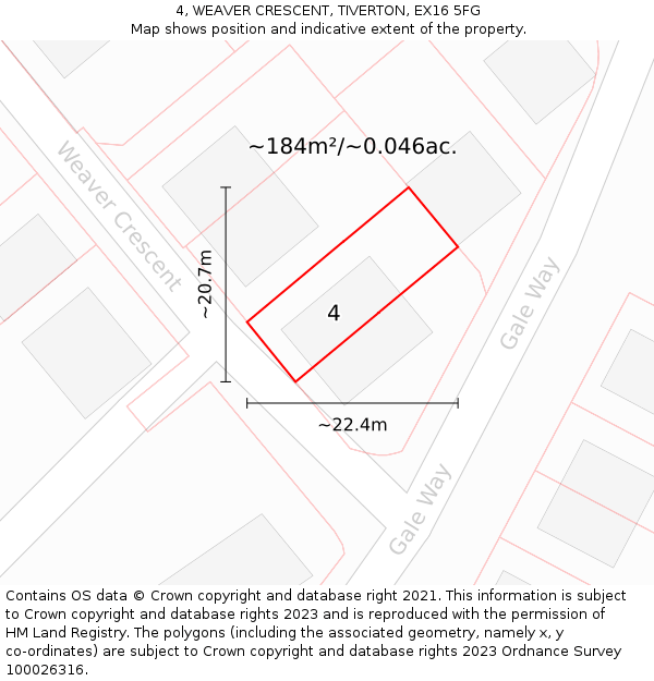 4, WEAVER CRESCENT, TIVERTON, EX16 5FG: Plot and title map