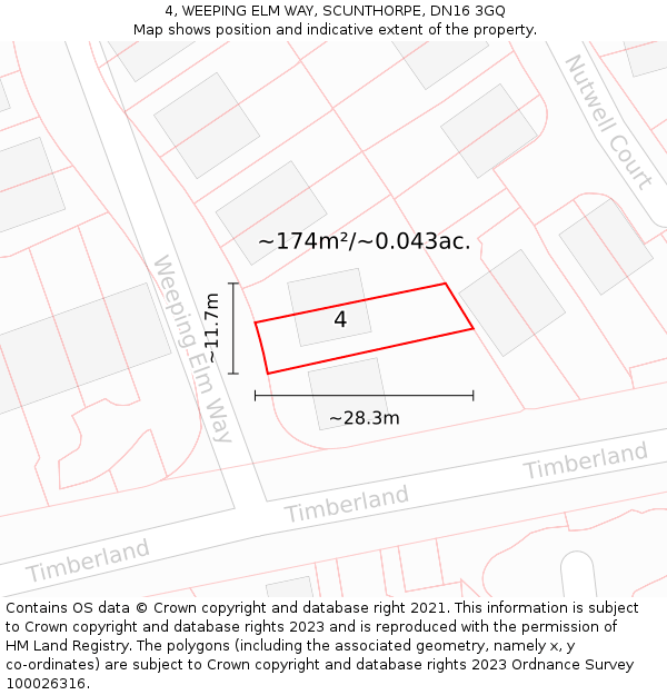 4, WEEPING ELM WAY, SCUNTHORPE, DN16 3GQ: Plot and title map