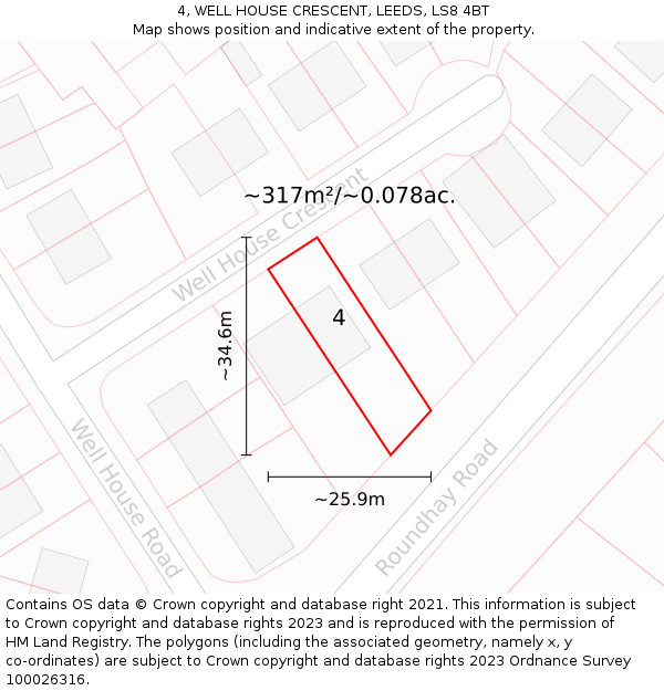 4, WELL HOUSE CRESCENT, LEEDS, LS8 4BT: Plot and title map