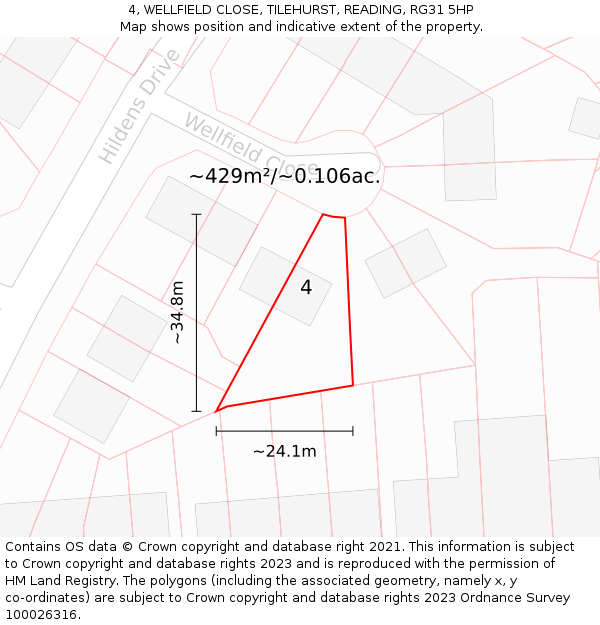 4, WELLFIELD CLOSE, TILEHURST, READING, RG31 5HP: Plot and title map