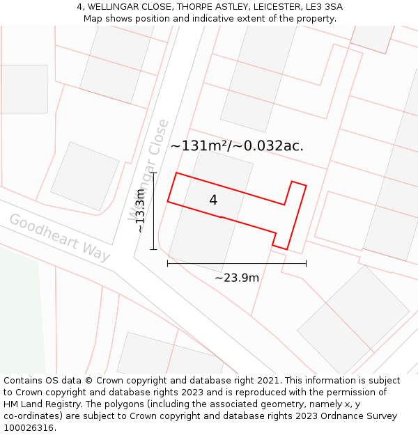 4, WELLINGAR CLOSE, THORPE ASTLEY, LEICESTER, LE3 3SA: Plot and title map