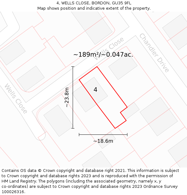 4, WELLS CLOSE, BORDON, GU35 9FL: Plot and title map