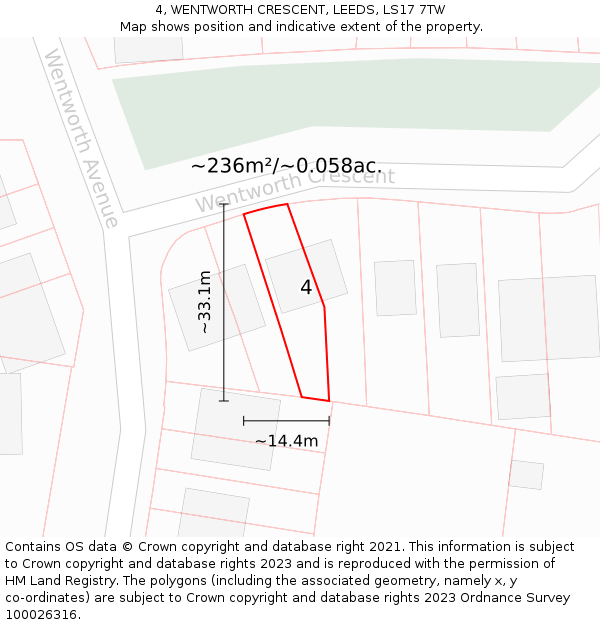 4, WENTWORTH CRESCENT, LEEDS, LS17 7TW: Plot and title map