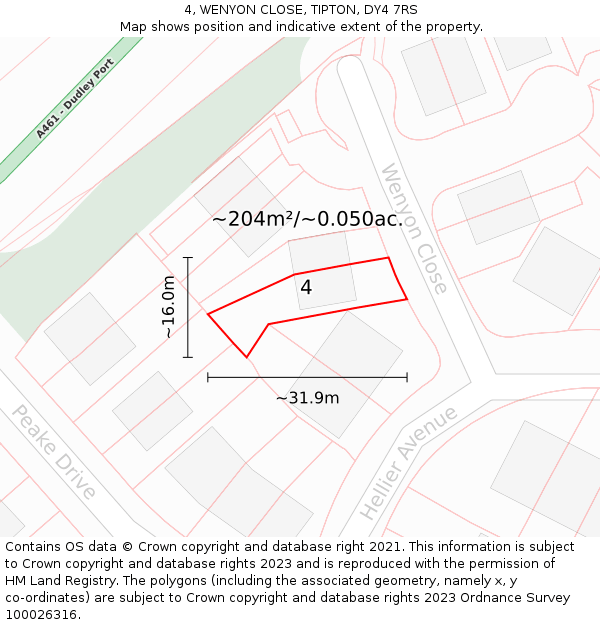 4, WENYON CLOSE, TIPTON, DY4 7RS: Plot and title map