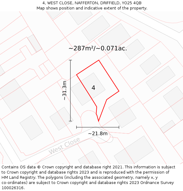 4, WEST CLOSE, NAFFERTON, DRIFFIELD, YO25 4QB: Plot and title map