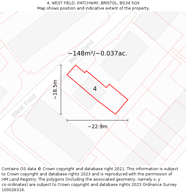 4, WEST FIELD, PATCHWAY, BRISTOL, BS34 5GX: Plot and title map