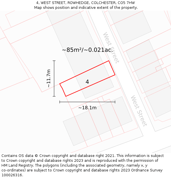 4, WEST STREET, ROWHEDGE, COLCHESTER, CO5 7HW: Plot and title map