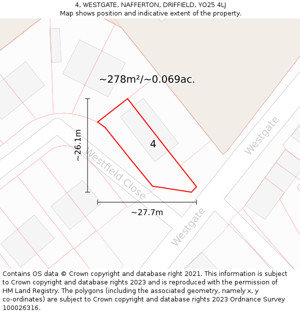 4, WESTGATE, NAFFERTON, DRIFFIELD, YO25 4LJ: Plot and title map