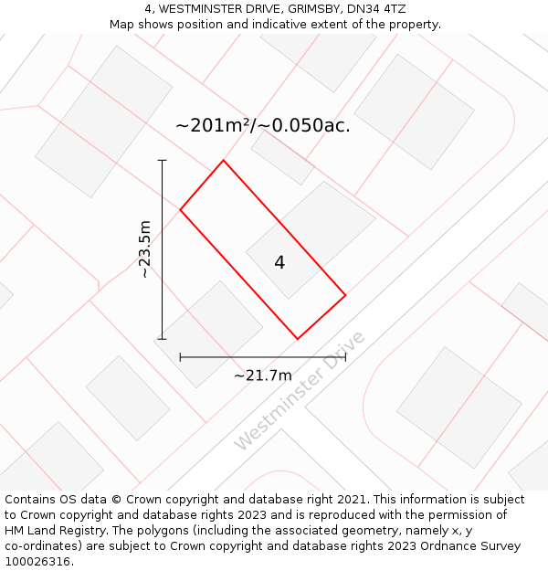 4, WESTMINSTER DRIVE, GRIMSBY, DN34 4TZ: Plot and title map