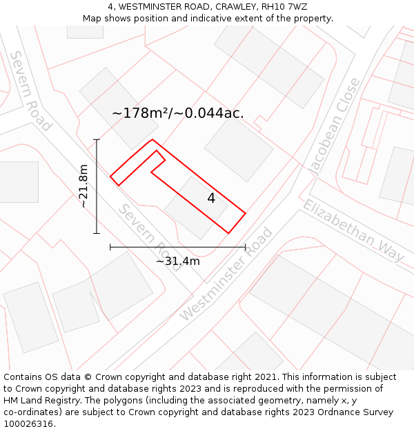 4, WESTMINSTER ROAD, CRAWLEY, RH10 7WZ: Plot and title map
