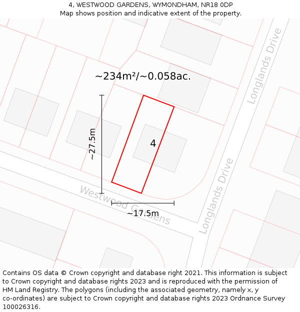 4, WESTWOOD GARDENS, WYMONDHAM, NR18 0DP: Plot and title map