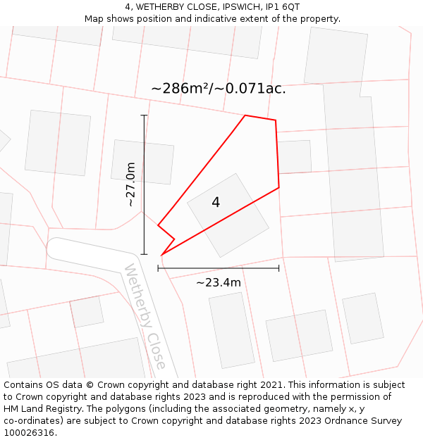 4, WETHERBY CLOSE, IPSWICH, IP1 6QT: Plot and title map