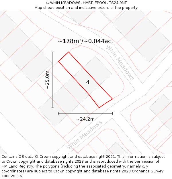 4, WHIN MEADOWS, HARTLEPOOL, TS24 9NT: Plot and title map