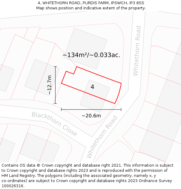 4, WHITETHORN ROAD, PURDIS FARM, IPSWICH, IP3 8SS: Plot and title map