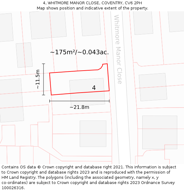 4, WHITMORE MANOR CLOSE, COVENTRY, CV6 2PH: Plot and title map