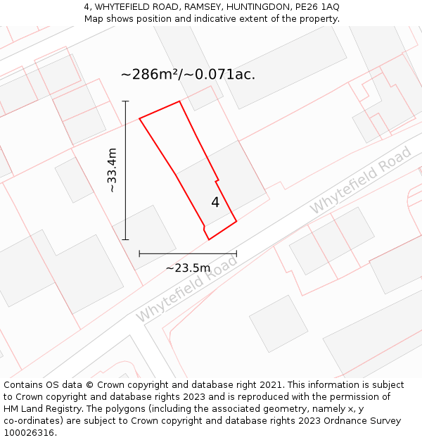 4, WHYTEFIELD ROAD, RAMSEY, HUNTINGDON, PE26 1AQ: Plot and title map
