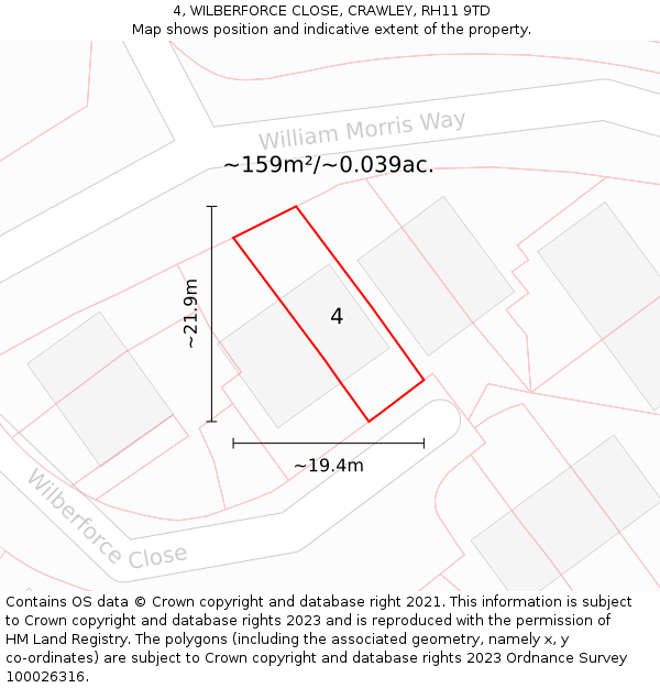 4, WILBERFORCE CLOSE, CRAWLEY, RH11 9TD: Plot and title map