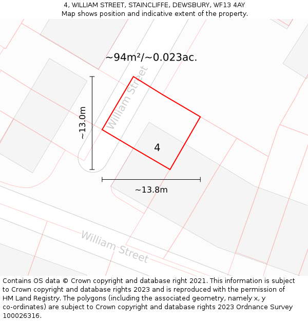 4, WILLIAM STREET, STAINCLIFFE, DEWSBURY, WF13 4AY: Plot and title map