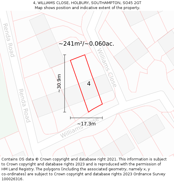 4, WILLIAMS CLOSE, HOLBURY, SOUTHAMPTON, SO45 2GT: Plot and title map