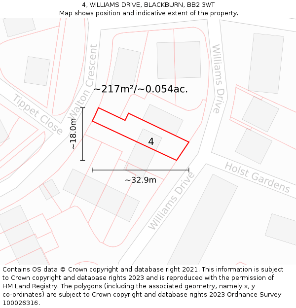 4, WILLIAMS DRIVE, BLACKBURN, BB2 3WT: Plot and title map