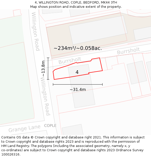 4, WILLINGTON ROAD, COPLE, BEDFORD, MK44 3TH: Plot and title map