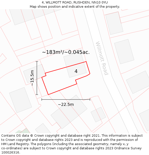 4, WILLMOTT ROAD, RUSHDEN, NN10 0YU: Plot and title map