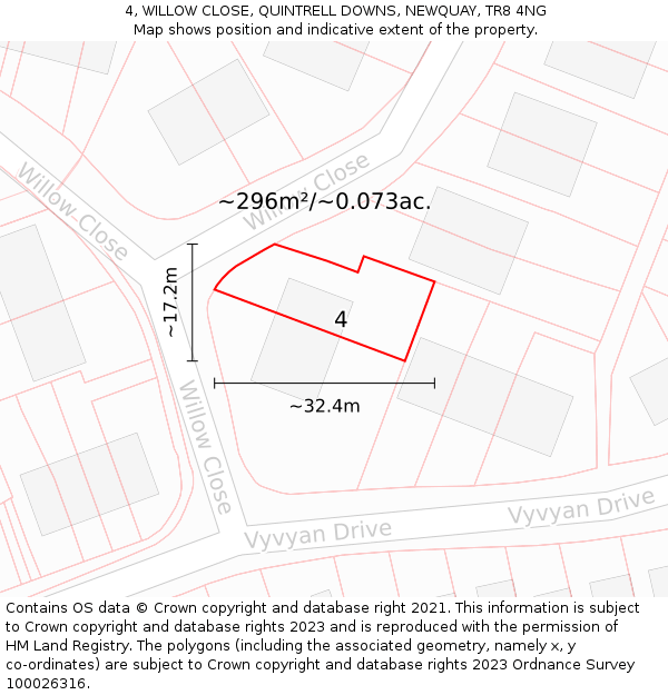 4, WILLOW CLOSE, QUINTRELL DOWNS, NEWQUAY, TR8 4NG: Plot and title map