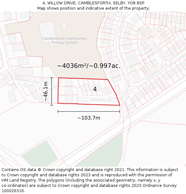 4, WILLOW DRIVE, CAMBLESFORTH, SELBY, YO8 8SP: Plot and title map