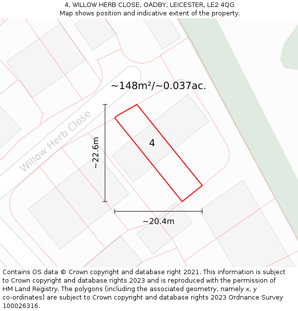 4, WILLOW HERB CLOSE, OADBY, LEICESTER, LE2 4QG: Plot and title map