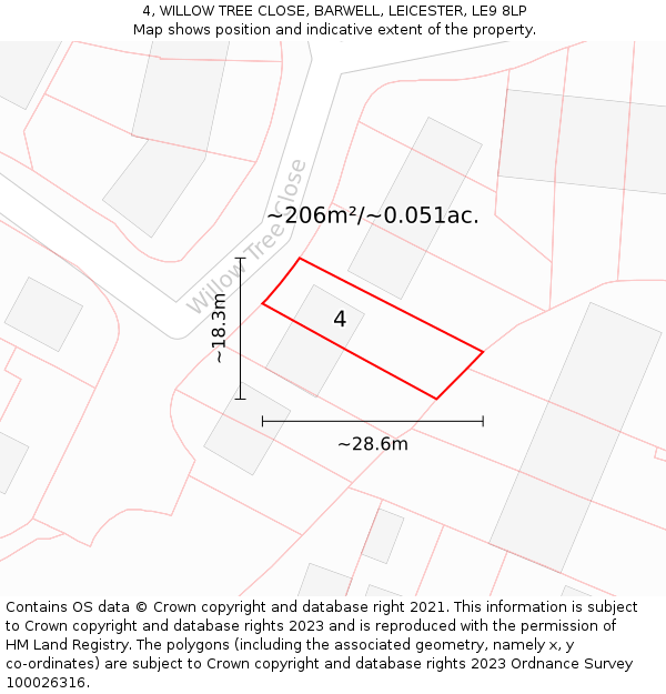 4, WILLOW TREE CLOSE, BARWELL, LEICESTER, LE9 8LP: Plot and title map