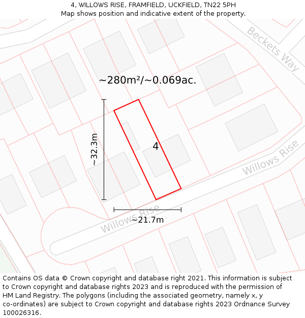 4, WILLOWS RISE, FRAMFIELD, UCKFIELD, TN22 5PH: Plot and title map