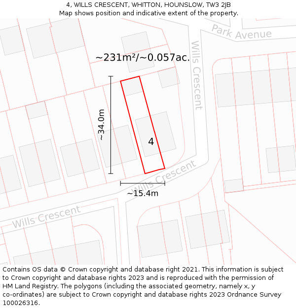 4, WILLS CRESCENT, WHITTON, HOUNSLOW, TW3 2JB: Plot and title map