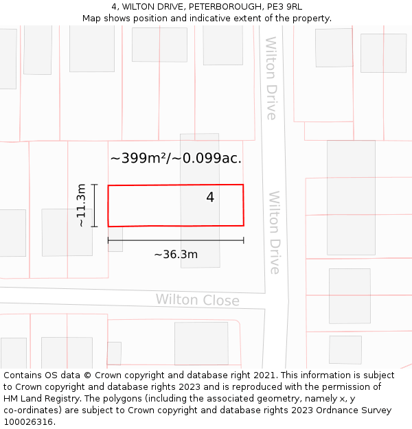 4, WILTON DRIVE, PETERBOROUGH, PE3 9RL: Plot and title map