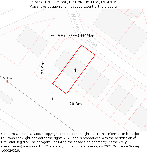 4, WINCHESTER CLOSE, FENITON, HONITON, EX14 3EX: Plot and title map
