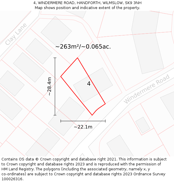 4, WINDERMERE ROAD, HANDFORTH, WILMSLOW, SK9 3NH: Plot and title map