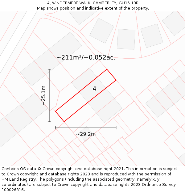 4, WINDERMERE WALK, CAMBERLEY, GU15 1RP: Plot and title map