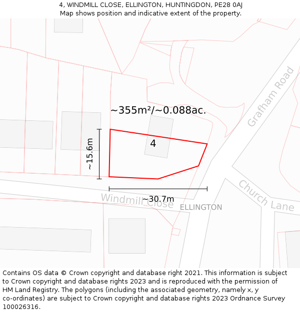 4, WINDMILL CLOSE, ELLINGTON, HUNTINGDON, PE28 0AJ: Plot and title map
