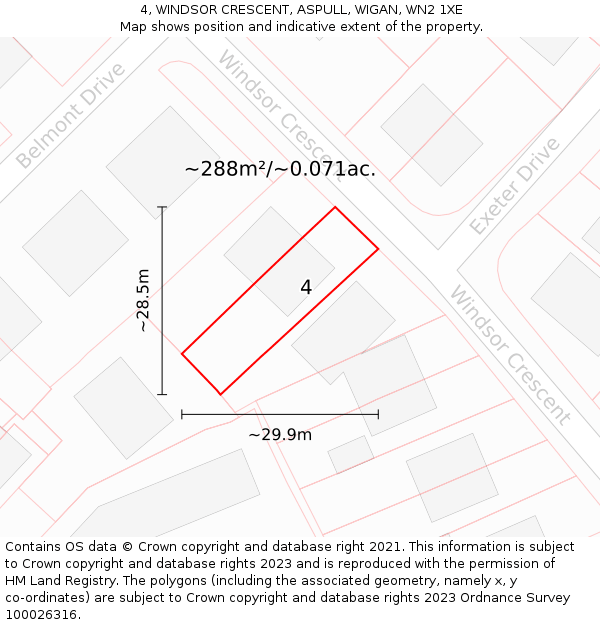 4, WINDSOR CRESCENT, ASPULL, WIGAN, WN2 1XE: Plot and title map