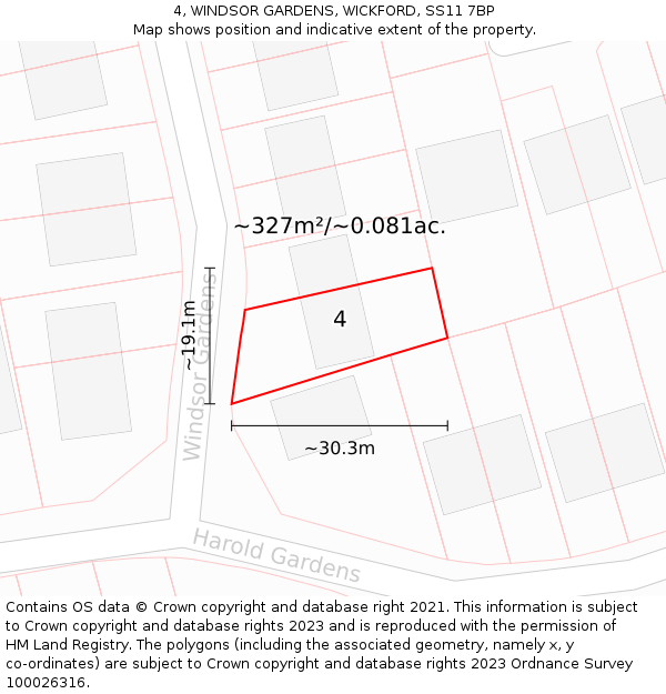 4, WINDSOR GARDENS, WICKFORD, SS11 7BP: Plot and title map