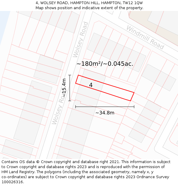 4, WOLSEY ROAD, HAMPTON HILL, HAMPTON, TW12 1QW: Plot and title map