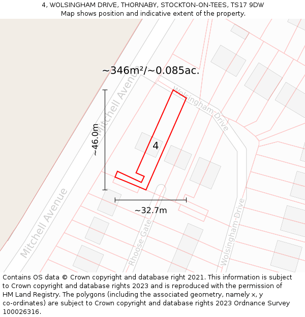 4, WOLSINGHAM DRIVE, THORNABY, STOCKTON-ON-TEES, TS17 9DW: Plot and title map