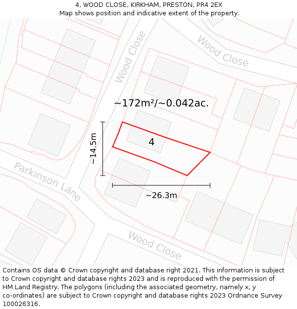 4, WOOD CLOSE, KIRKHAM, PRESTON, PR4 2EX: Plot and title map