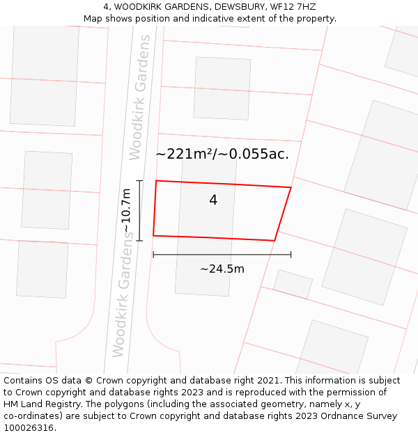 4, WOODKIRK GARDENS, DEWSBURY, WF12 7HZ: Plot and title map