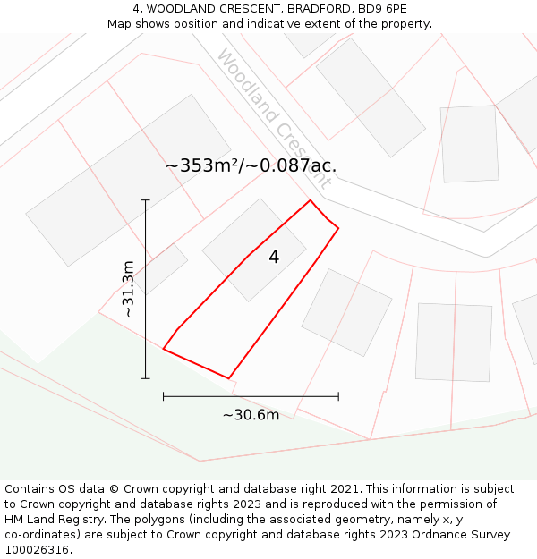 4, WOODLAND CRESCENT, BRADFORD, BD9 6PE: Plot and title map