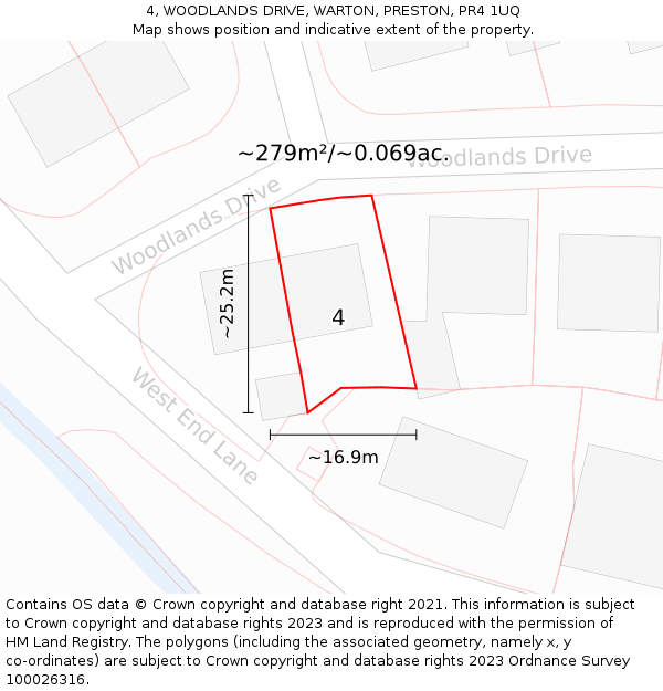 4, WOODLANDS DRIVE, WARTON, PRESTON, PR4 1UQ: Plot and title map