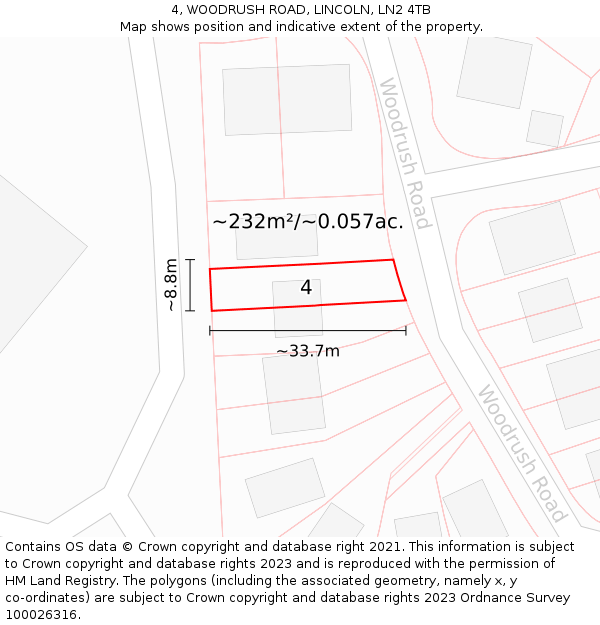 4, WOODRUSH ROAD, LINCOLN, LN2 4TB: Plot and title map